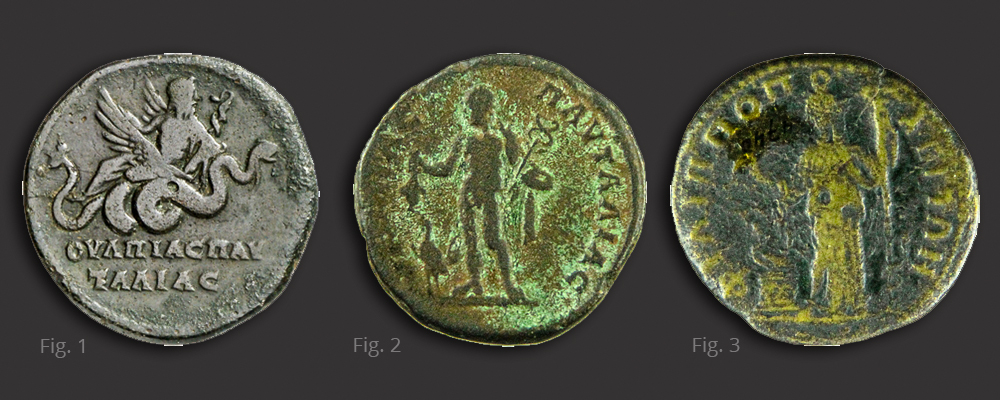 Fig. 1 Bronze coin of Pautalia struck under Septimius Severus with Asklepios on winged serpent on reverse © Lutz-Jürgen Lübke | Fig. 2 Bronze coin of Pautalia struck under Caracalla with Hermes on reverse (fig.2) © Lily Grozdanova | Fig. 3 Bronze coin of Philippopolis struck under Septimius Severus with Demeter on reverse (fig.3) © Lily Grozdanova