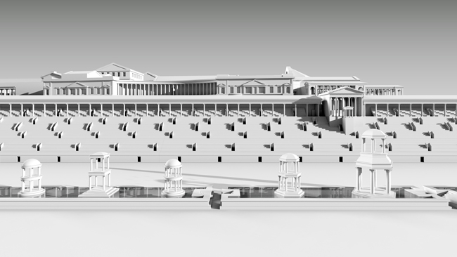 Virtual reconstruction of the facade of the trajanic palace on the Palatine in Rome towards the Circus Maximus | © Architekturreferat DAI Berlin | 3D-model: Lengyel Toulouse Architekten on basis of a digital model of A. Müller